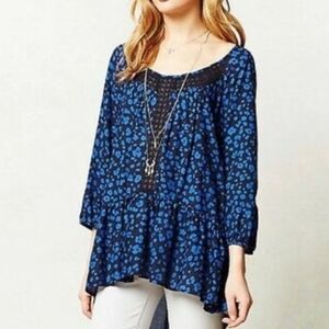 HD in Paris Anthropologie Blue Black Abstract Print 3/4 Sleeve Tunic Top Small